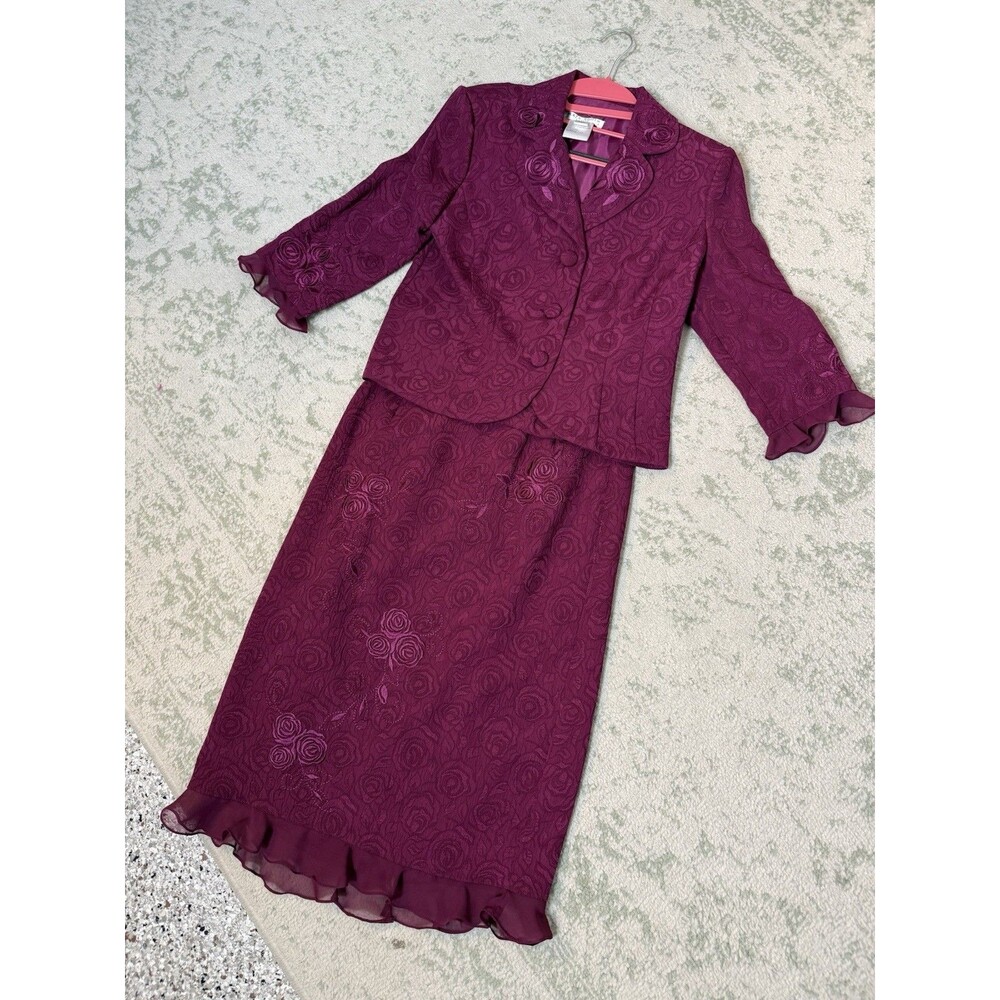 Plaza South Petite VTG Rose Jacquard Embroidered Skirt Suit Jacket Midi